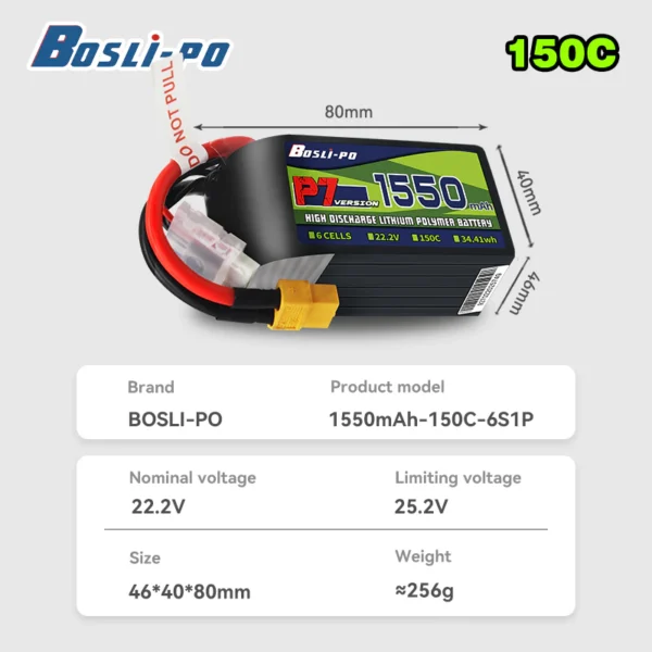 Boslipo P7 1550mAh 150C 6s FPV Battery - Image 2